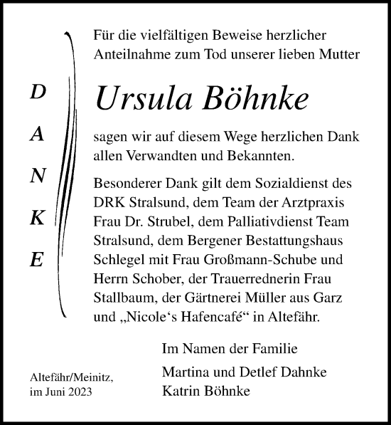 Traueranzeige von Ursula Böhnke von Ostsee-Zeitung GmbH