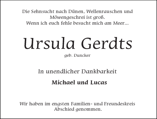 Traueranzeige von Ursula Gerdts von Lübecker Nachrichten
