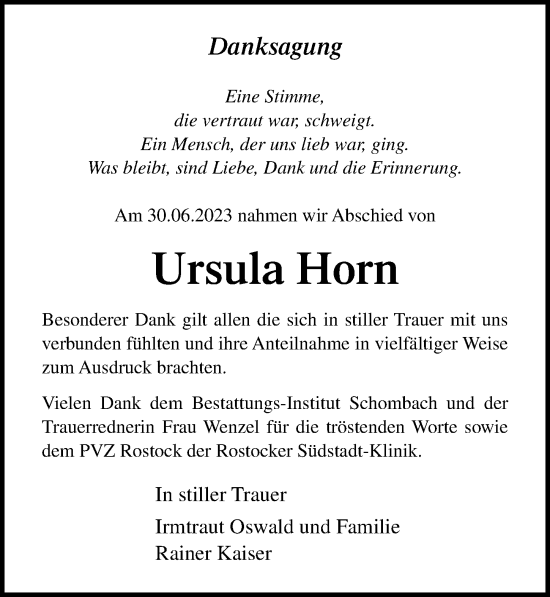 Traueranzeige von Ursula Horn von Ostsee-Zeitung GmbH