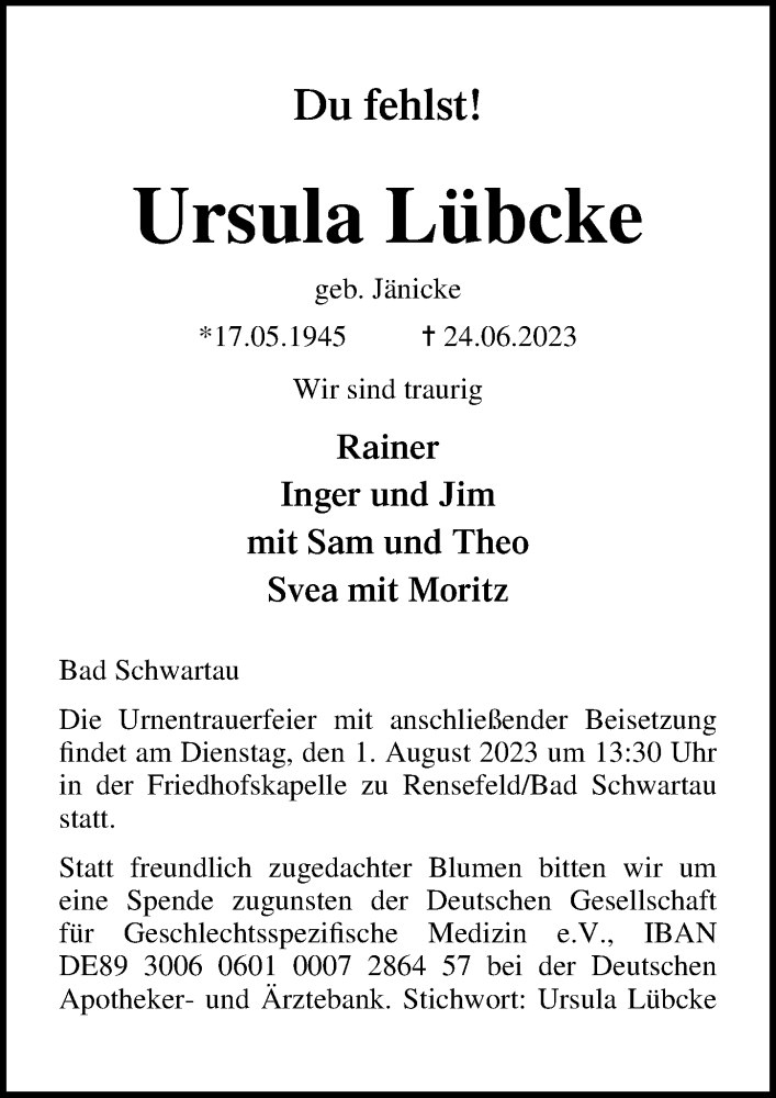  Traueranzeige für Ursula Lübcke vom 23.07.2023 aus Lübecker Nachrichten