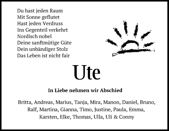 Traueranzeige von Ute  von Hannoversche Allgemeine Zeitung/Neue Presse