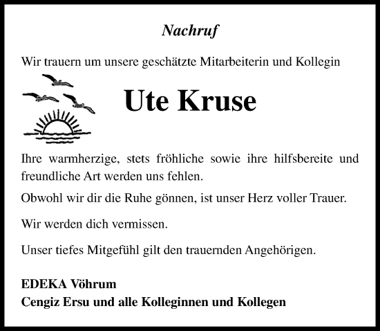 Traueranzeige von Ute Kruse von Peiner Allgemeine Zeitung