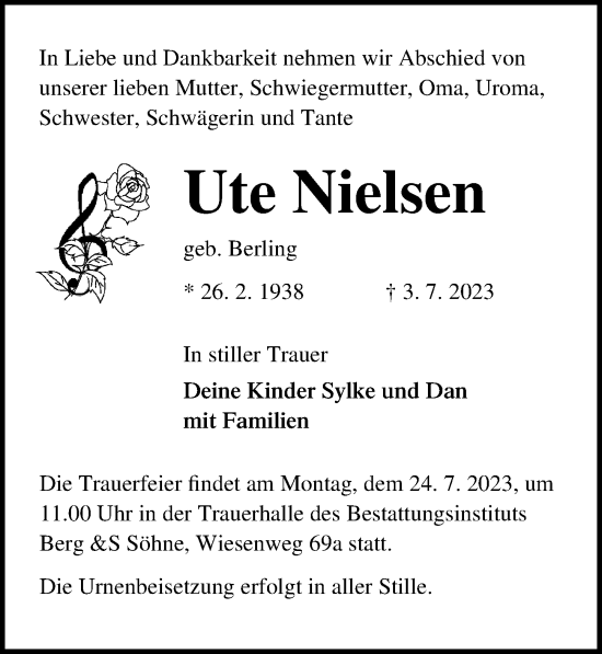 Traueranzeige von Ute Nielsen von Ostsee-Zeitung GmbH