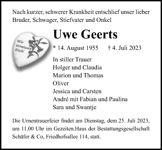 Traueranzeige von Uwe Geerts von Lübecker Nachrichten