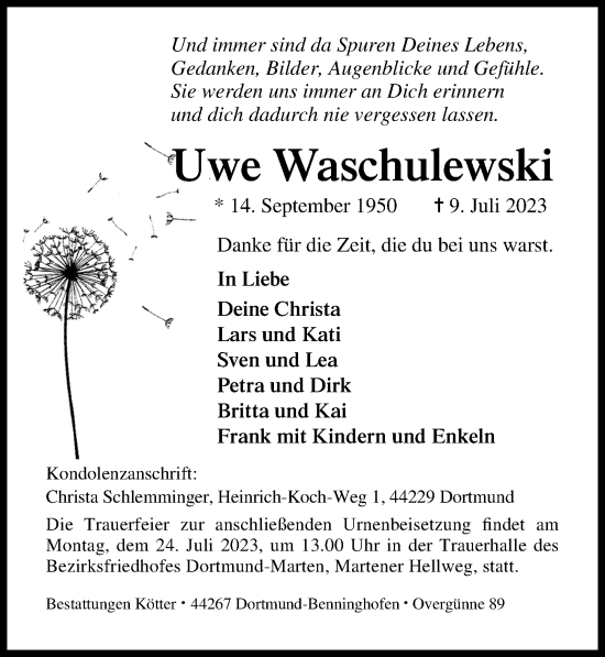 Traueranzeige von Uwe Waschulewski von Lübecker Nachrichten