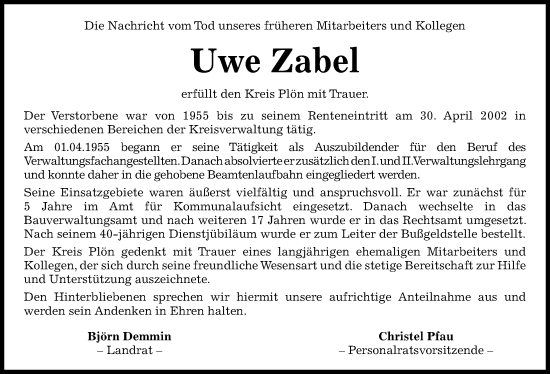 Traueranzeige von Uwe Zabel von Kieler Nachrichten