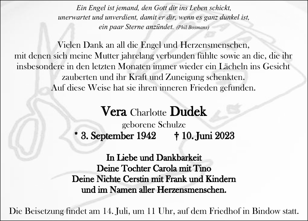  Traueranzeige für Vera Charlotte Dudek vom 08.07.2023 aus Märkischen Allgemeine Zeitung