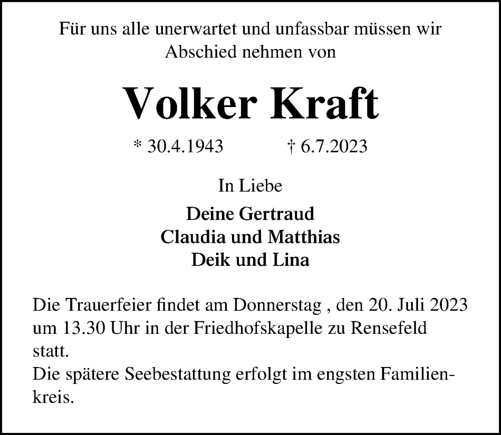  Traueranzeige für Volker Kraft vom 16.07.2023 aus Lübecker Nachrichten