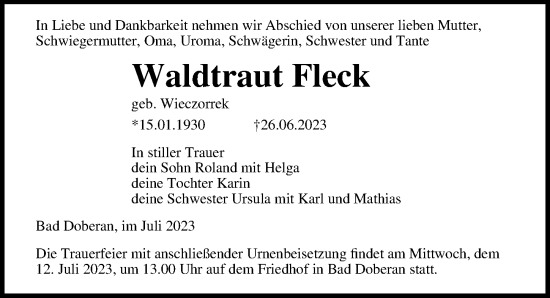 Traueranzeige von Waldtraut Fleck von Ostsee-Zeitung GmbH