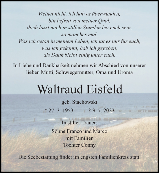 Traueranzeige von Waltraud Eisfeld von Ostsee-Zeitung GmbH