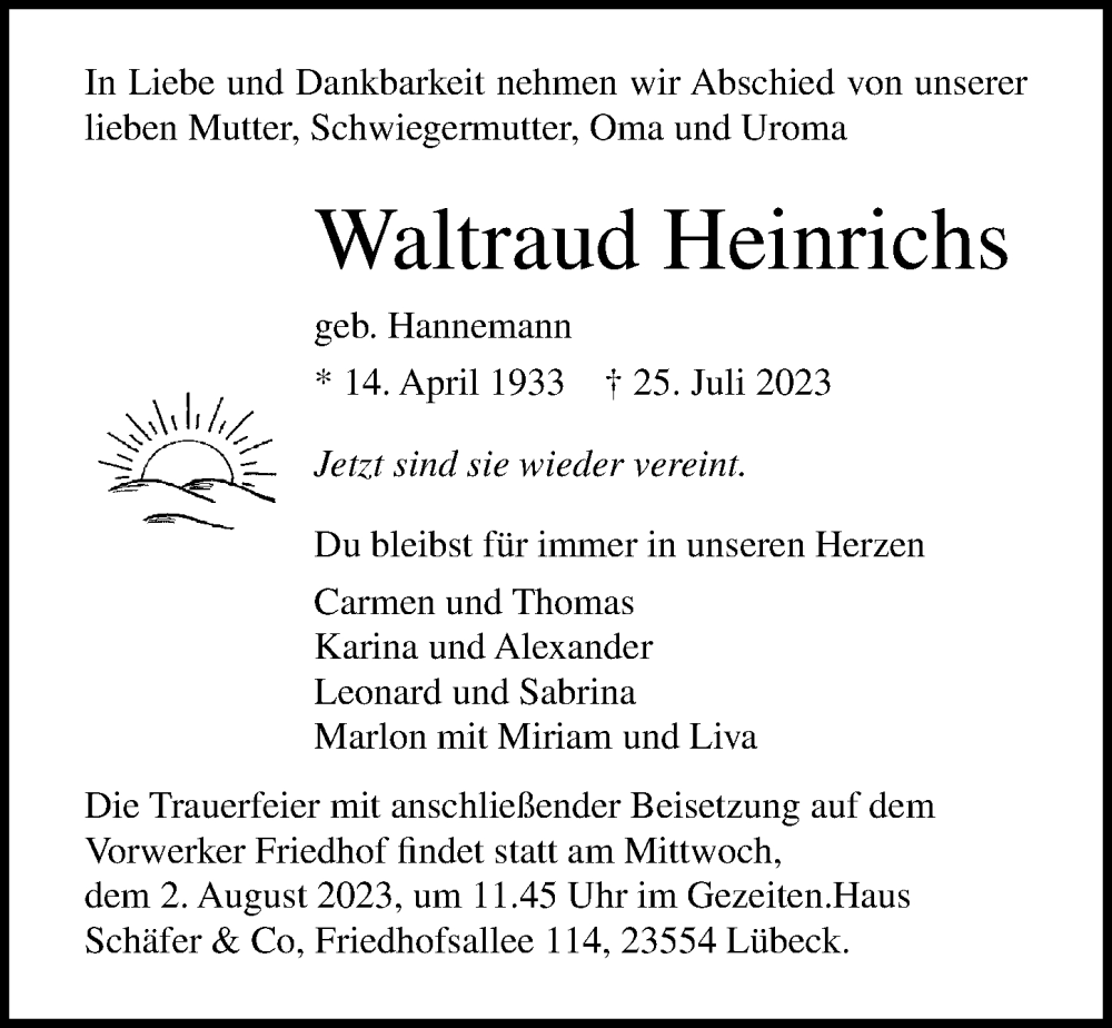  Traueranzeige für Waltraud Heinrichs vom 30.07.2023 aus Lübecker Nachrichten