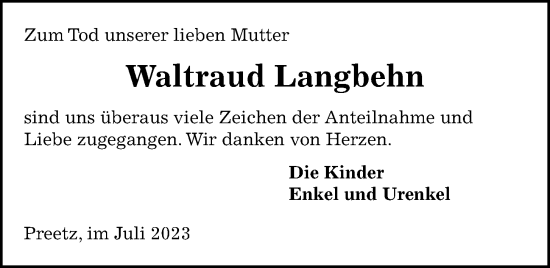 Traueranzeige von Waltraud Langbehn von Kieler Nachrichten