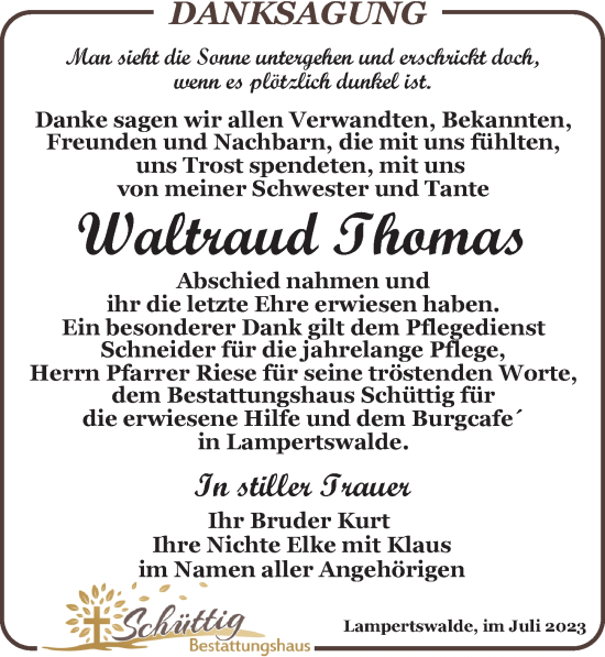 Traueranzeige von Waltraud Thomas von Leipziger Volkszeitung