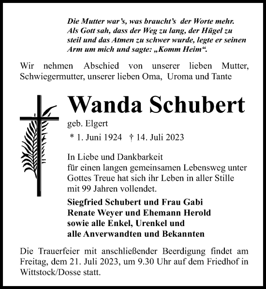 Traueranzeige von Wanda Schubert von Märkischen Allgemeine Zeitung
