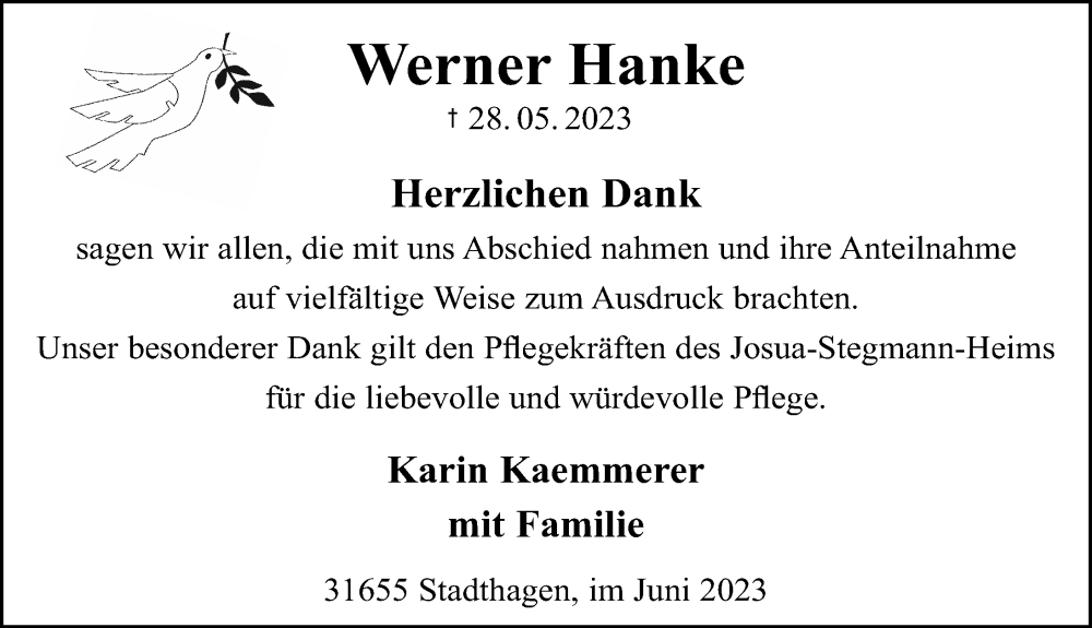  Traueranzeige für Werner Hanke vom 01.07.2023 aus Schaumburger Nachrichten