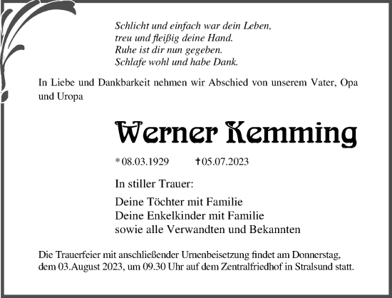 Traueranzeige von Werner Kemming von Ostsee-Zeitung GmbH