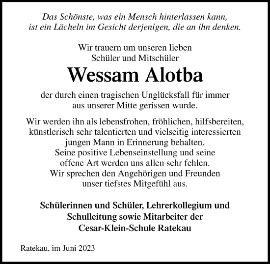 Traueranzeige von Wessam Alotba von Lübecker Nachrichten