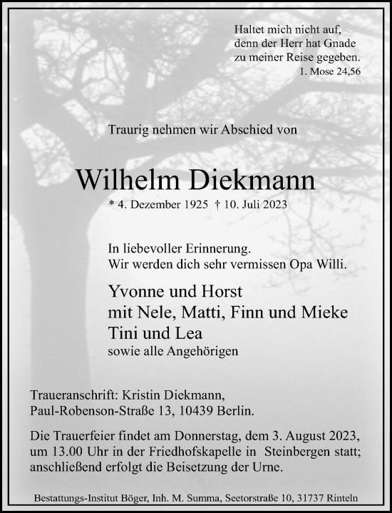 Traueranzeigen von Wilhelm Diekmann | trauer-anzeigen.de