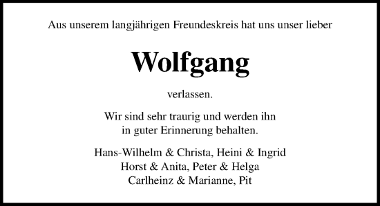 Traueranzeige von Wolfgang  von Lübecker Nachrichten