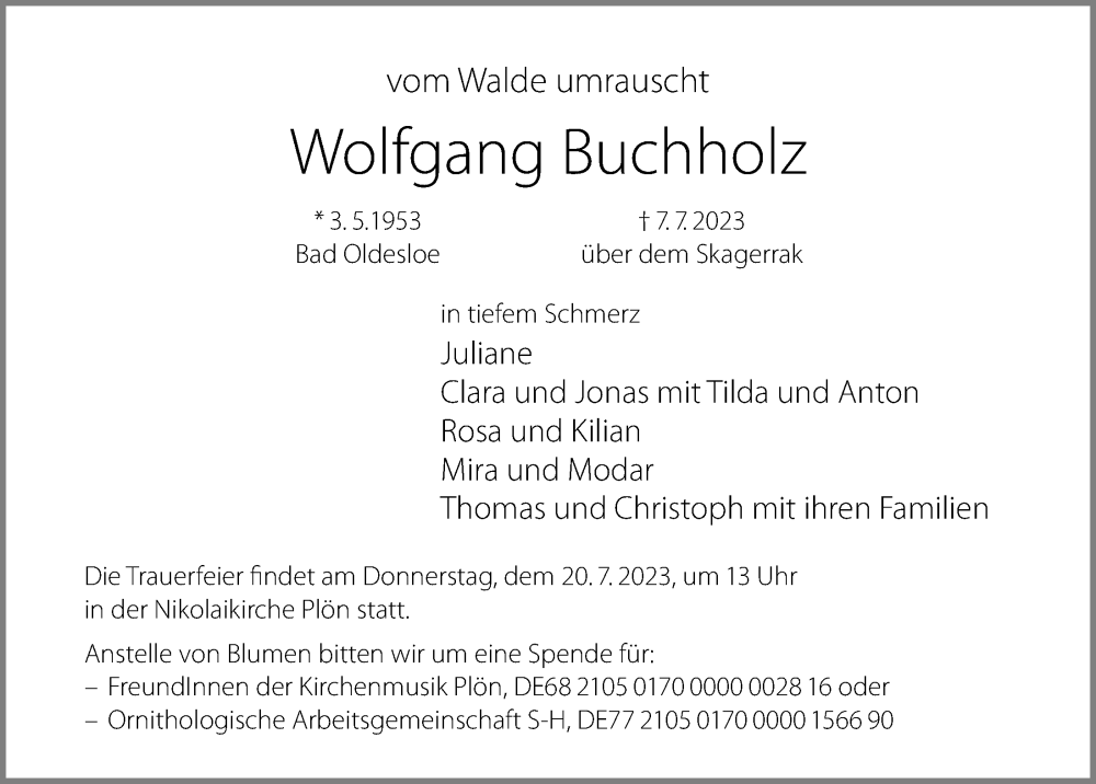  Traueranzeige für Wolfgang Buchholz vom 15.07.2023 aus Kieler Nachrichten