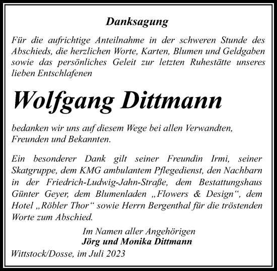 Traueranzeige von Wolfgang Dittmann von Märkischen Allgemeine Zeitung