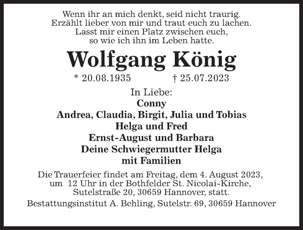  Traueranzeige für Wolfgang König vom 29.07.2023 aus Hannoversche Allgemeine Zeitung/Neue Presse