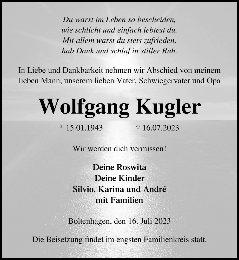  Traueranzeige für Wolfgang Kugler vom 20.07.2023 aus Ostsee-Zeitung GmbH