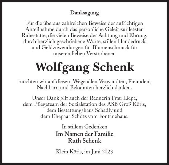 Traueranzeige von Wolfgang Schenk von Märkischen Allgemeine Zeitung