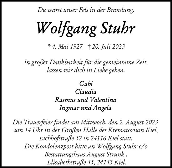 Traueranzeige von Wolfgang Stuhr von Kieler Nachrichten