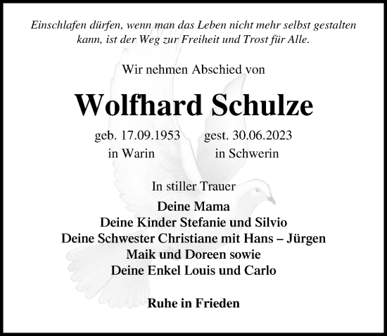 Traueranzeige von Wolfhard Schulze von Ostsee-Zeitung GmbH