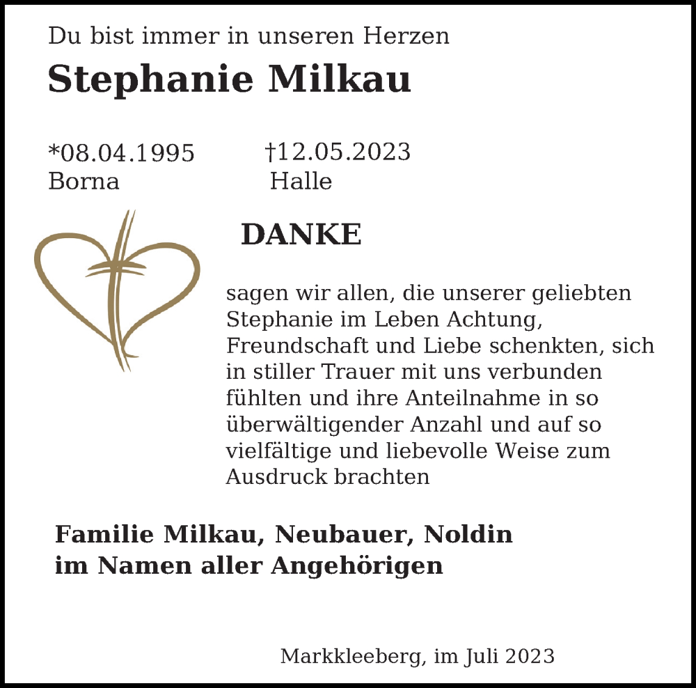  Traueranzeige für Stephanie Milkau vom 29.07.2023 aus 