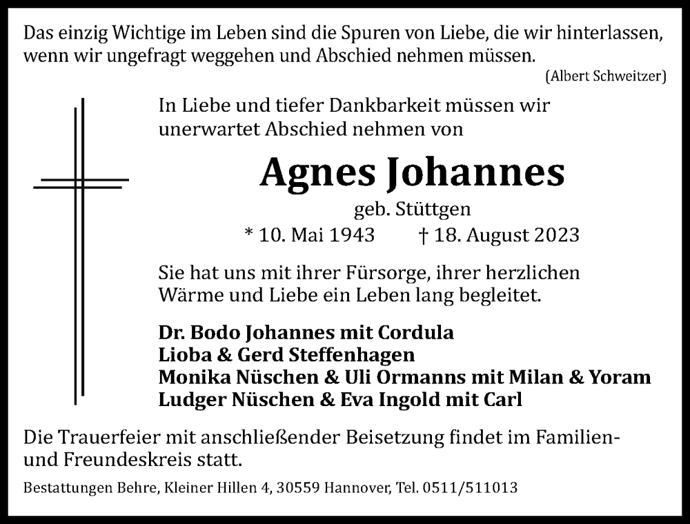 Traueranzeigen von Agnes Johannes | trauer-anzeigen.de