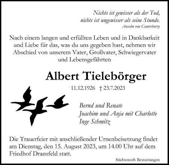 Traueranzeige von Albert Tielebörger von Göttinger Tageblatt
