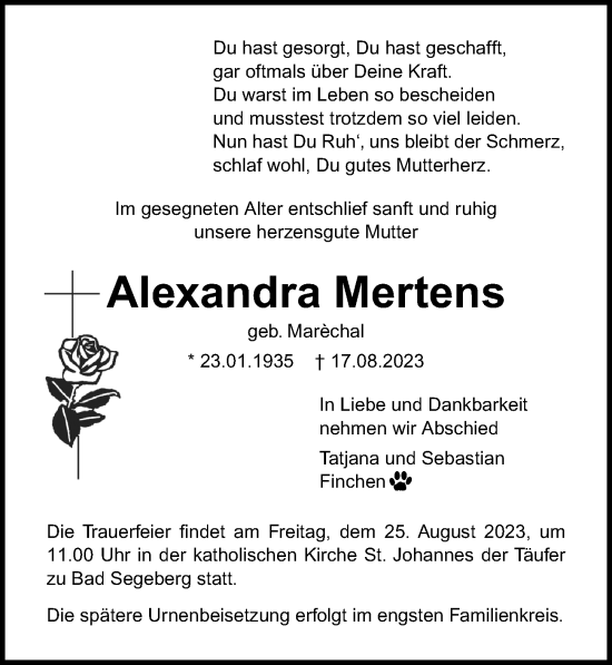 Traueranzeige von Alexandra Mertens von Lübecker Nachrichten