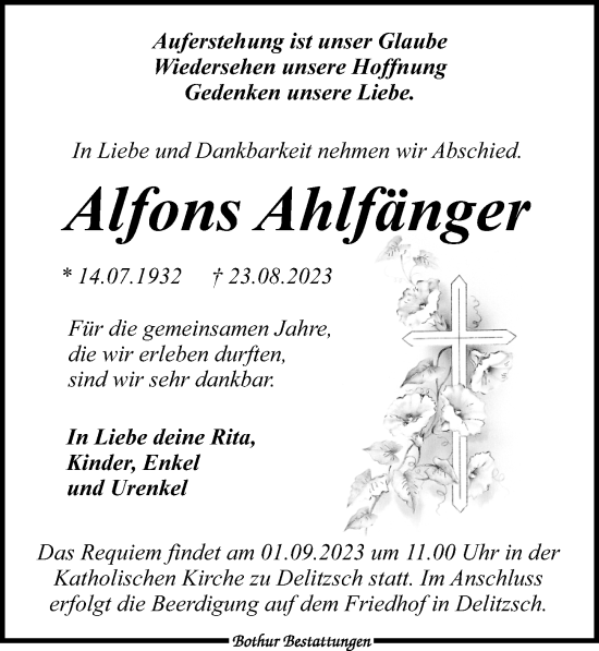 Traueranzeige von Alfons Ahlfänger von Leipziger Volkszeitung