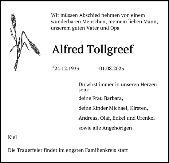 Traueranzeige von Alfred Tollgreef von Kieler Nachrichten