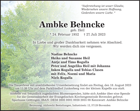 Traueranzeige von Ambke Behncke von Göttinger Tageblatt