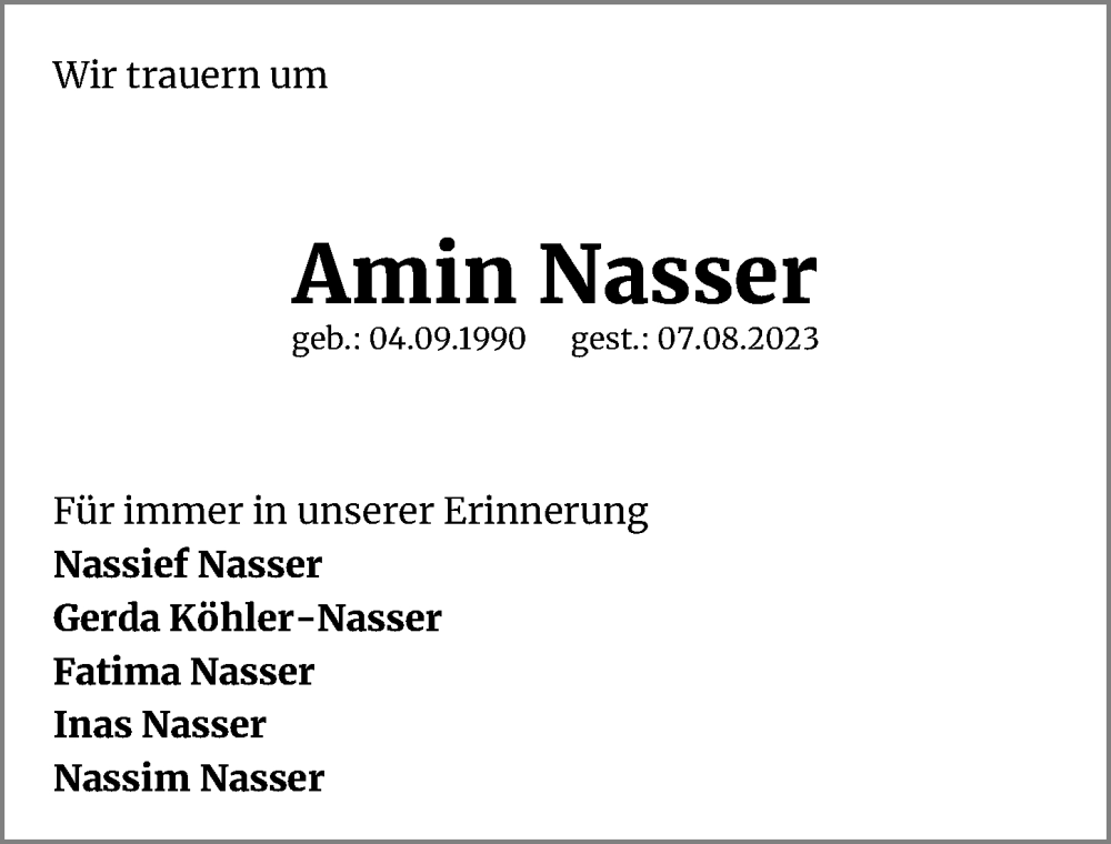  Traueranzeige für Amin Nasser vom 16.08.2023 aus Hannoversche Allgemeine Zeitung/Neue Presse