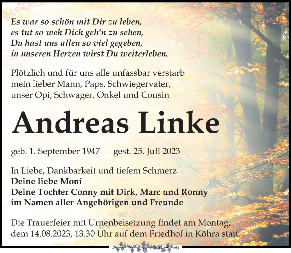  Traueranzeige für Andreas Linke vom 05.08.2023 aus Leipziger Volkszeitung