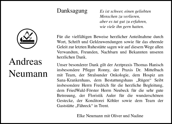 Traueranzeige von Andreas Neumann von Ostsee-Zeitung GmbH