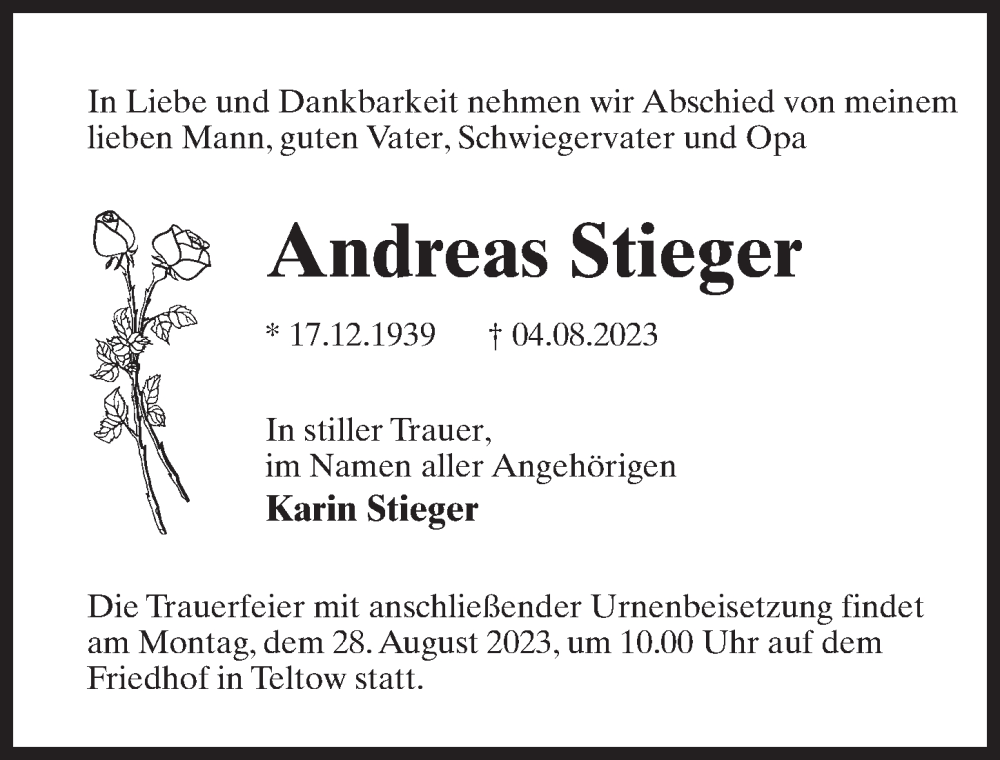  Traueranzeige für Andreas Stieger vom 19.08.2023 aus Märkischen Allgemeine Zeitung