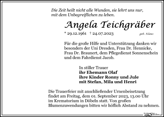 Traueranzeige von Angela Teichgräber von Leipziger Volkszeitung