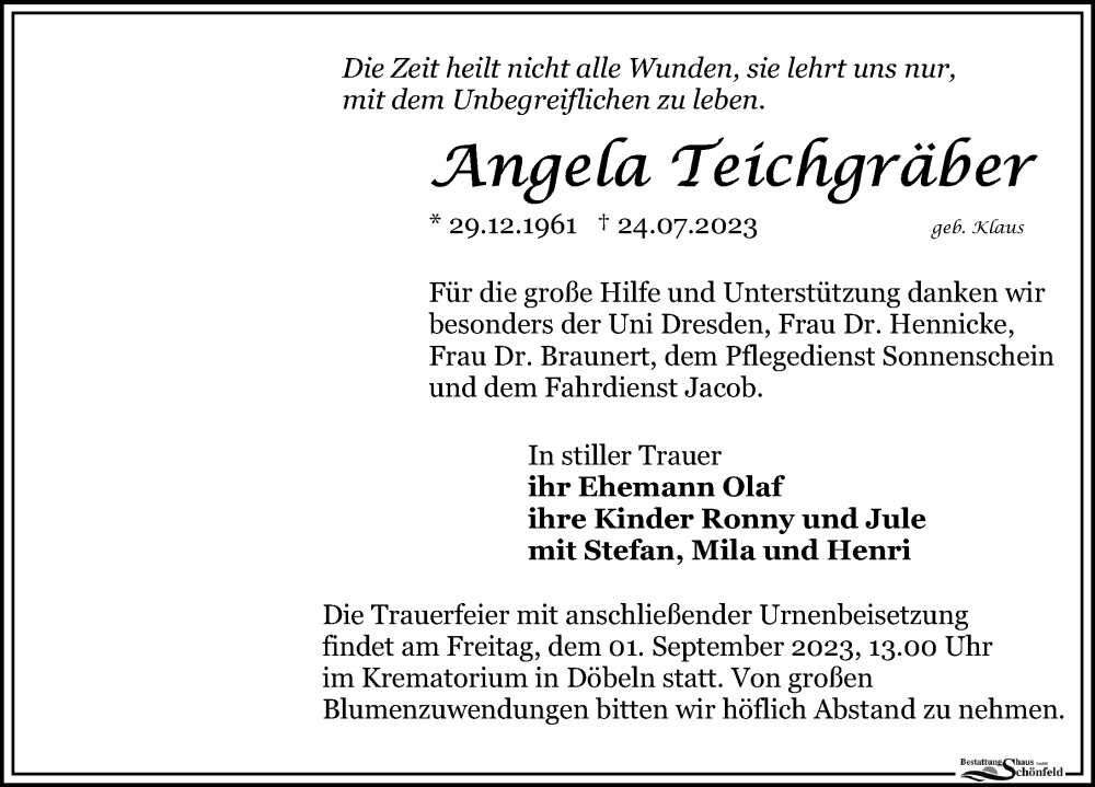  Traueranzeige für Angela Teichgräber vom 05.08.2023 aus Leipziger Volkszeitung