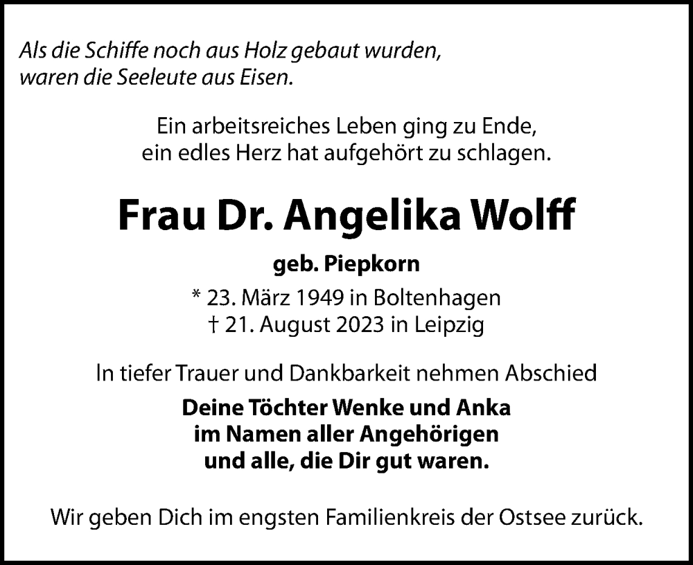  Traueranzeige für Angelika Wolff vom 26.08.2023 aus Leipziger Volkszeitung