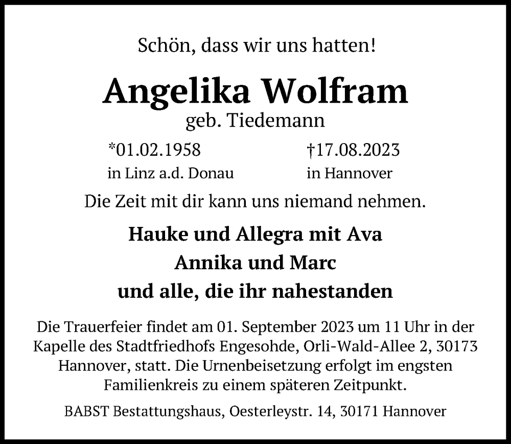  Traueranzeige für Angelika Wolfram vom 26.08.2023 aus Hannoversche Allgemeine Zeitung/Neue Presse