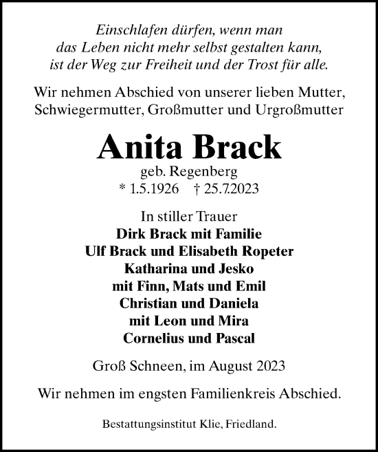 Traueranzeige von Anita Brack von Göttinger Tageblatt