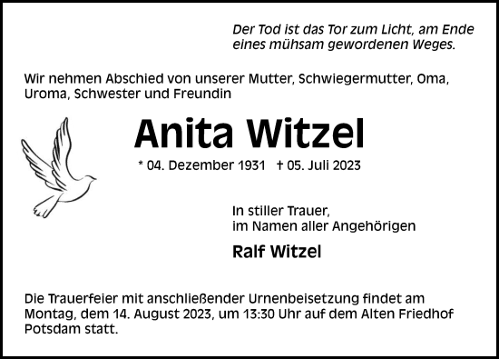 Traueranzeige von Anita Witzel von Märkischen Allgemeine Zeitung