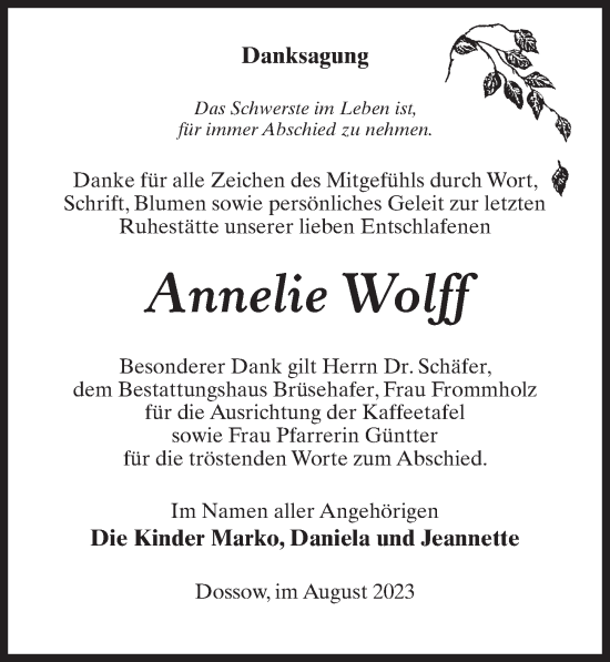 Traueranzeige von Annelie Wolff