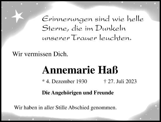 Traueranzeige von Annemarie Haß von Lübecker Nachrichten