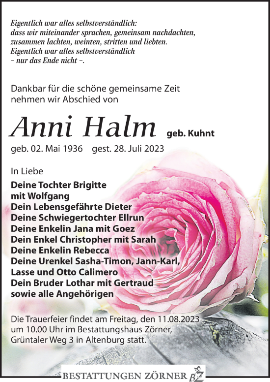 Traueranzeige von Anni Halm von Leipziger Volkszeitung